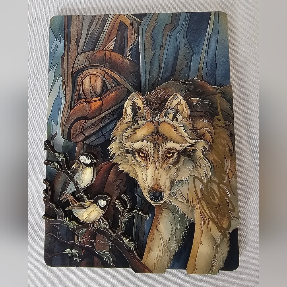 Vtg 1996 Jody Bergsma 3D Layered Wolf & Chickadee Magnet Art Native Style Decor